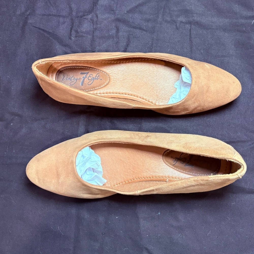 Vintage 7 Eight Tan Suede Leather Pointed Toe Ballet Flats‎ Low Wedge Shoes 7.5M